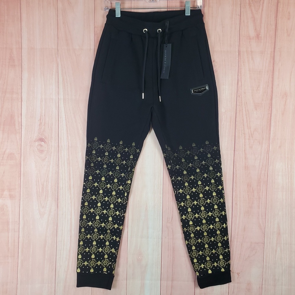 Supply & Demand Monogram Jogger Pants Mens Small Black Fleur de Lis Medusa Print
